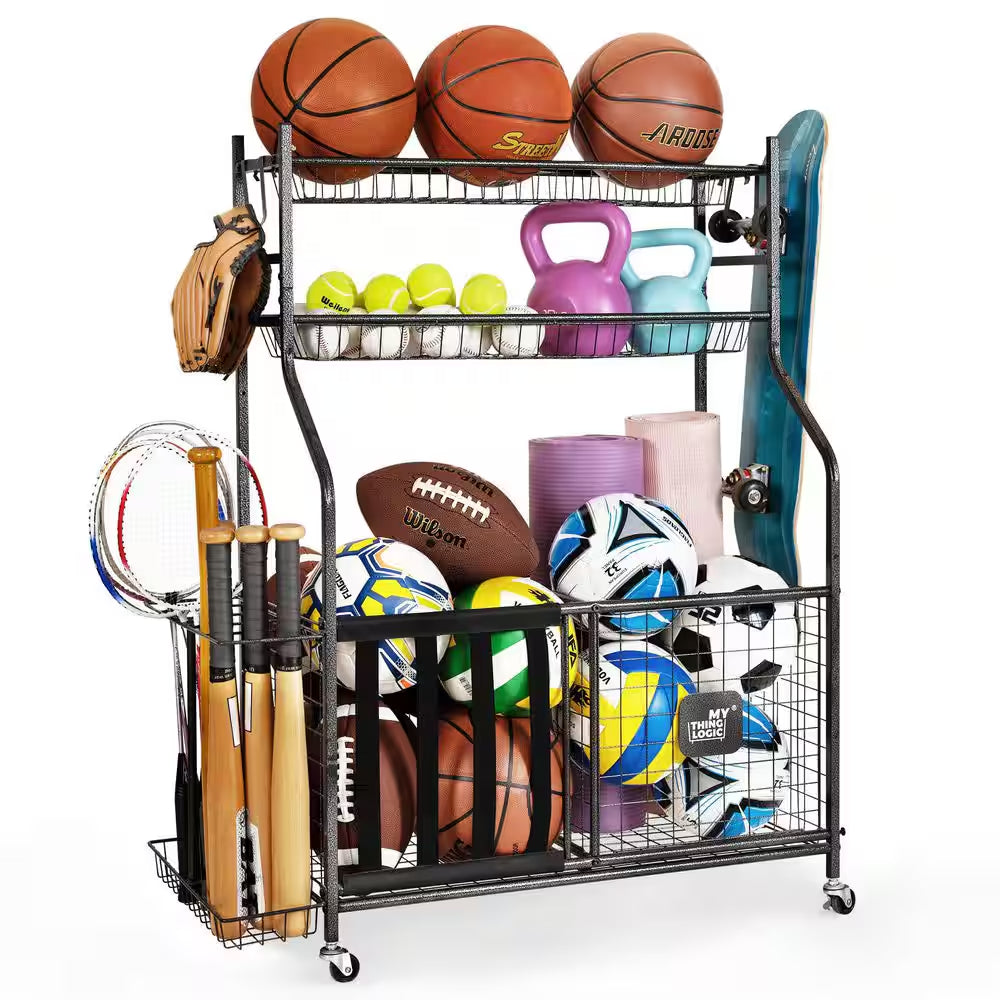 154 Lbs. Weight Capacity Sports Organizers Rack with Wheels for Garage