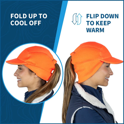 Fleece Ponytail Hat with Drop down Ear Warmer | the Trailblazer Adventure Hat for Women - Hunter Orange