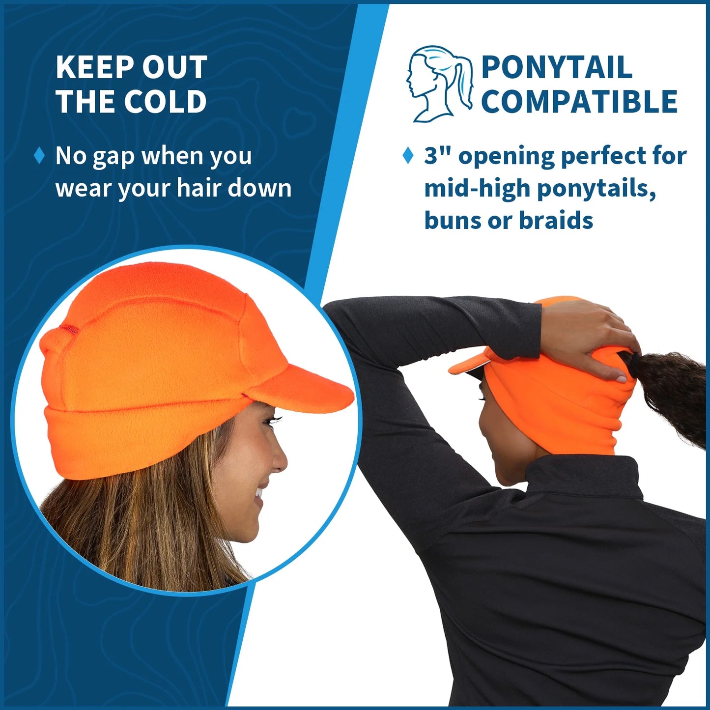 Fleece Ponytail Hat with Drop down Ear Warmer | the Trailblazer Adventure Hat for Women - Hunter Orange