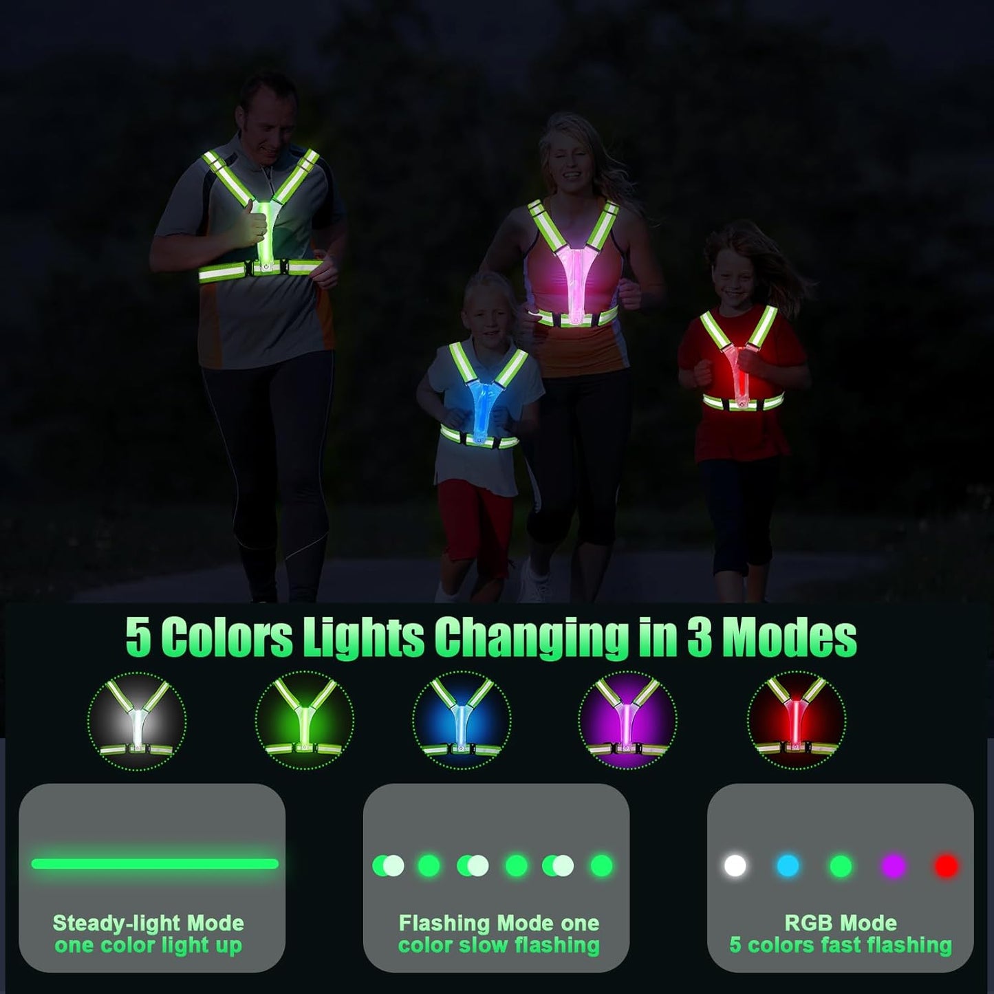 LED Reflective Vest Running Gear, 5 Colors Lights up Running Vest Rechargeable F