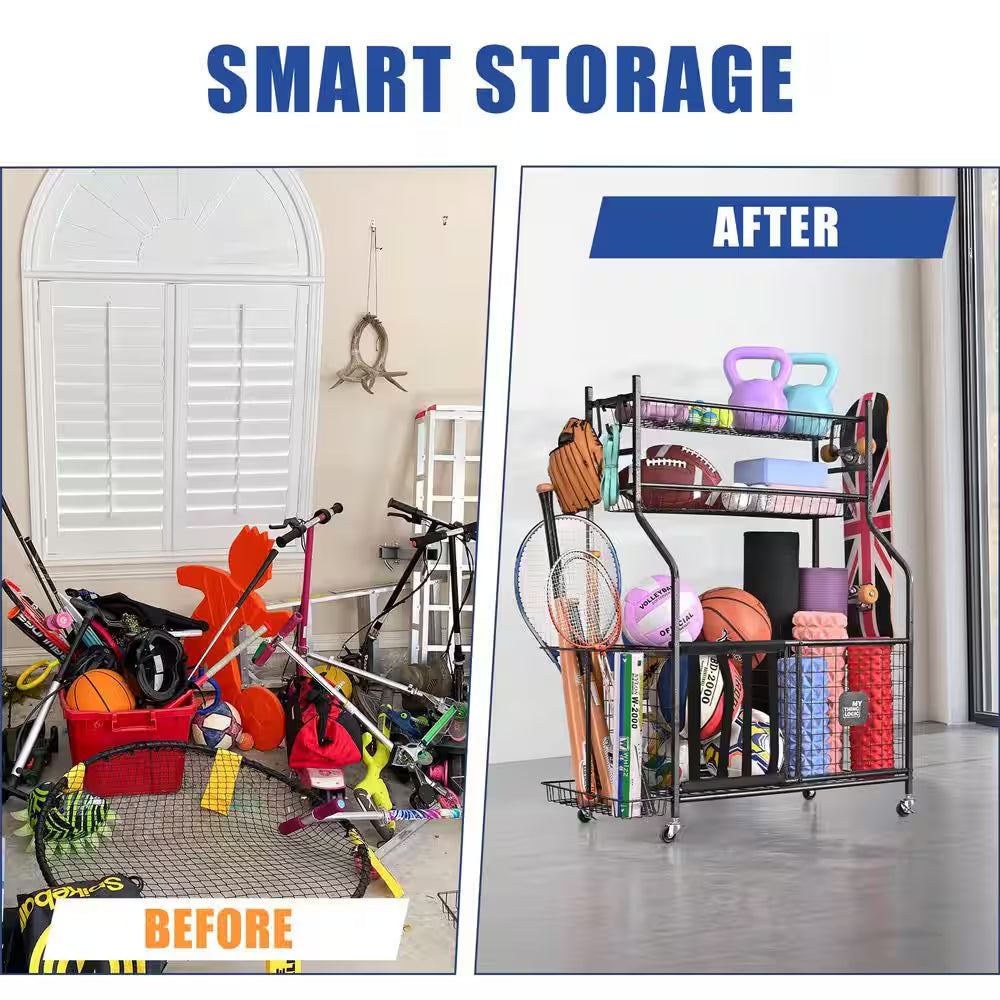 154 Lbs. Weight Capacity Sports Organizers Rack with Wheels for Garage