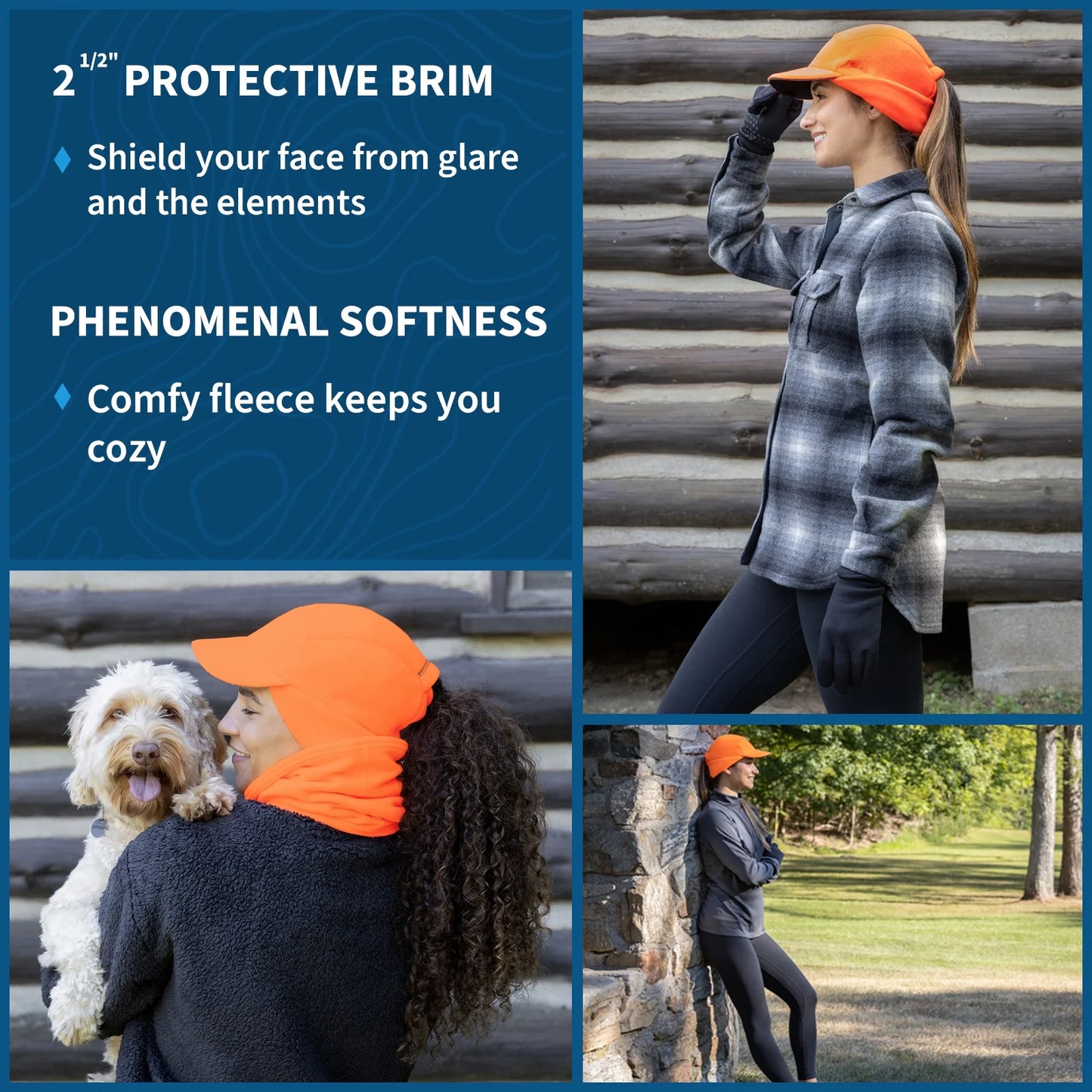 Fleece Ponytail Hat with Drop down Ear Warmer | the Trailblazer Adventure Hat for Women - Hunter Orange