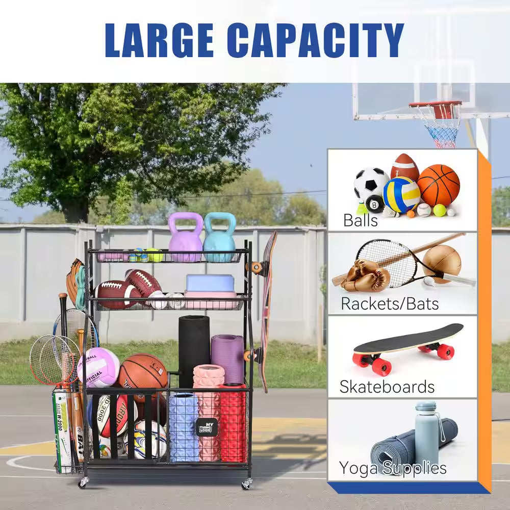 154 Lbs. Weight Capacity Sports Organizers Rack with Wheels for Garage