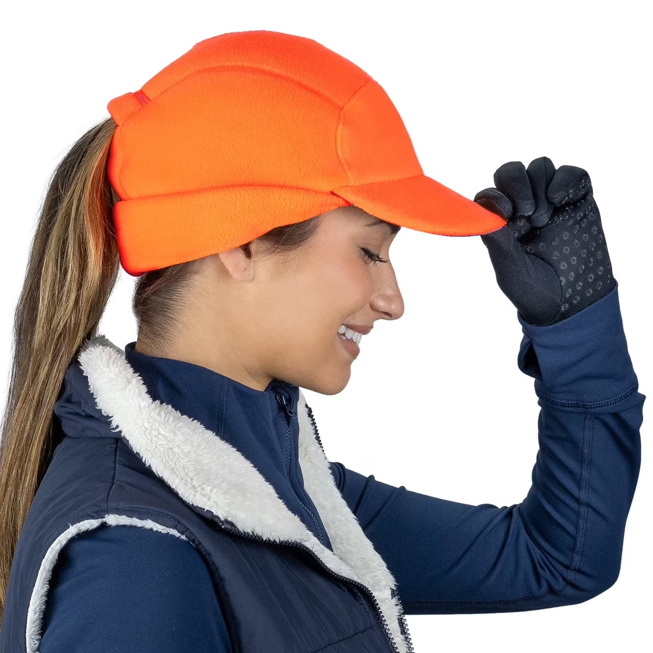 Fleece Ponytail Hat with Drop down Ear Warmer | the Trailblazer Adventure Hat for Women - Hunter Orange