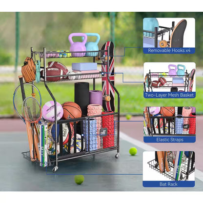 154 Lbs. Weight Capacity Sports Organizers Rack with Wheels for Garage