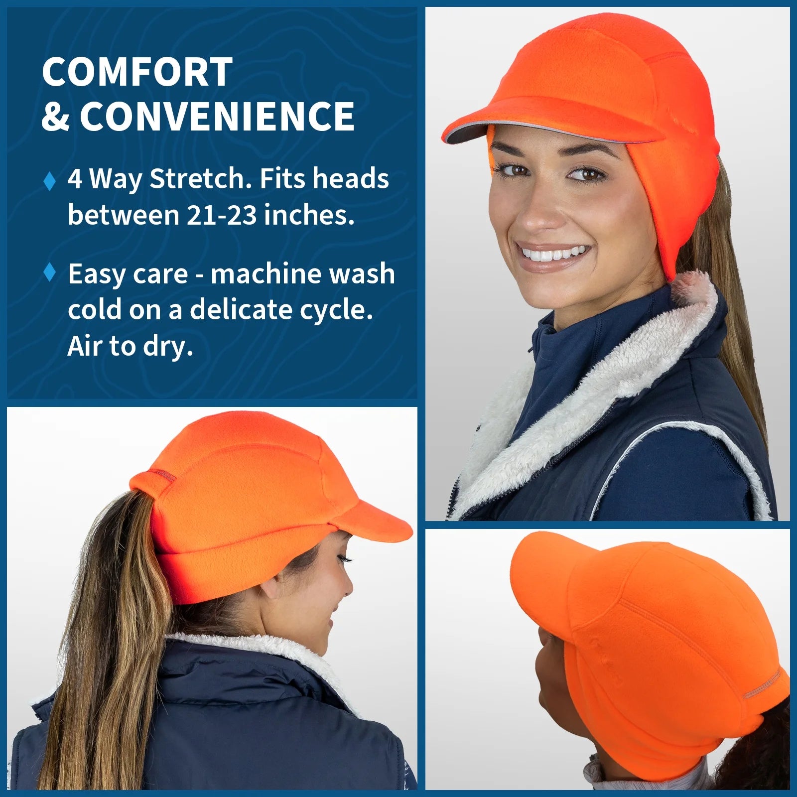 Fleece Ponytail Hat with Drop down Ear Warmer | the Trailblazer Adventure Hat for Women - Hunter Orange